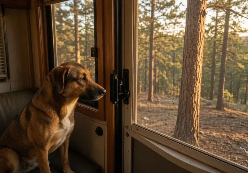 A dog watching through an RV screen door from inside