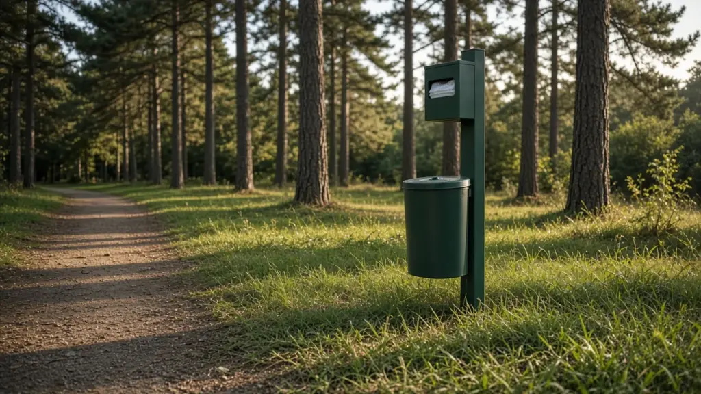 A dog waste station beside a grassy path