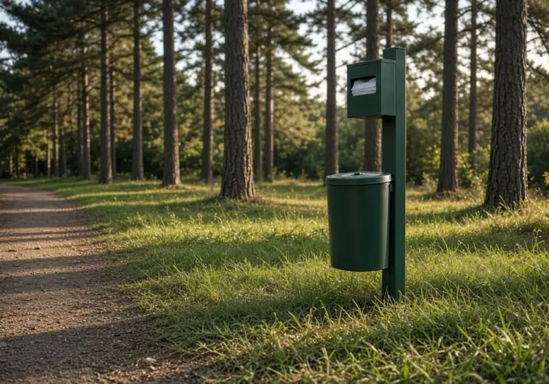 A dog waste station beside a grassy path