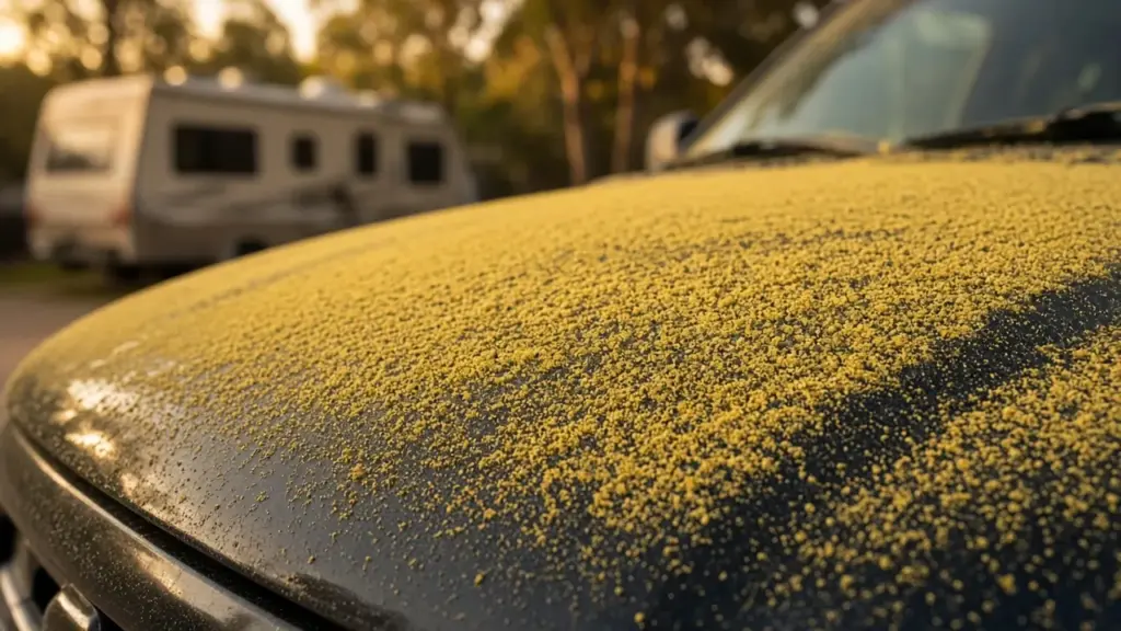 Yellow pine pollen dust on the hood of a truck parked near an RV