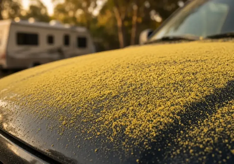 Yellow pine pollen dust on the hood of a truck parked near an RV
