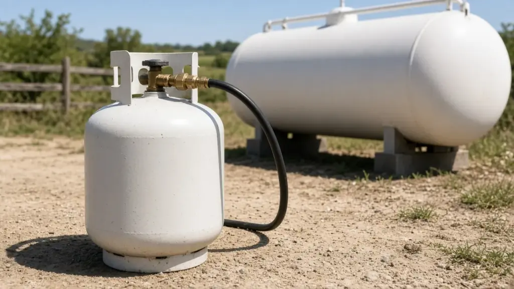 A propane cylinder being filled at a rural propane station