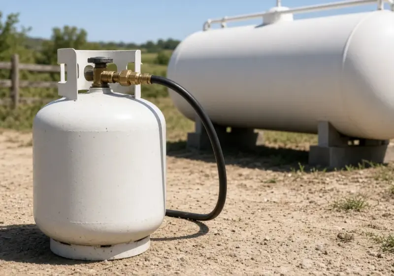 A propane cylinder being filled at a rural propane station