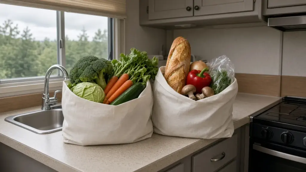 Reusable grocery bags filled with groceries on an RV counter