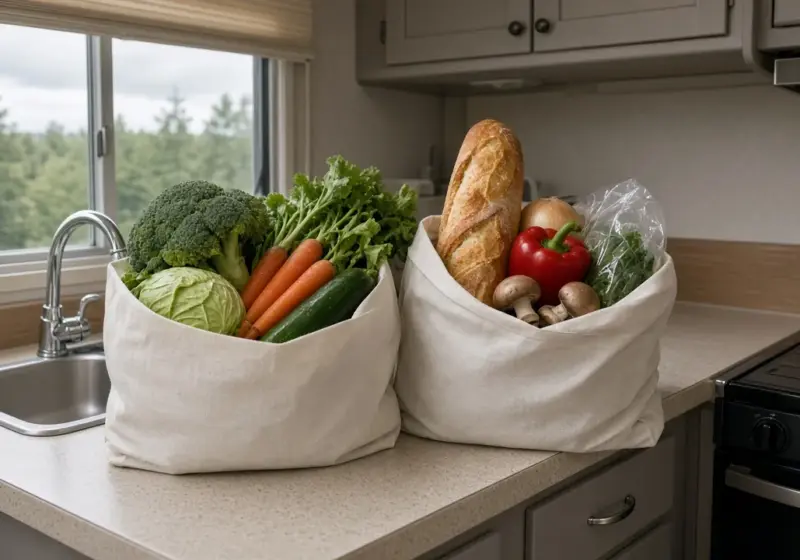 Reusable grocery bags filled with groceries on an RV counter