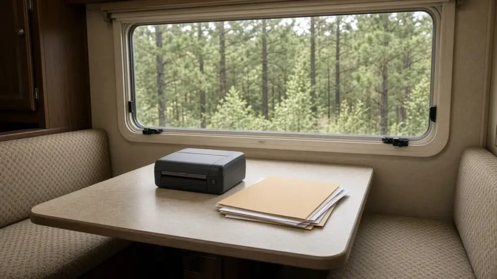 A portable printer and a folder of papers on an RV dinette table