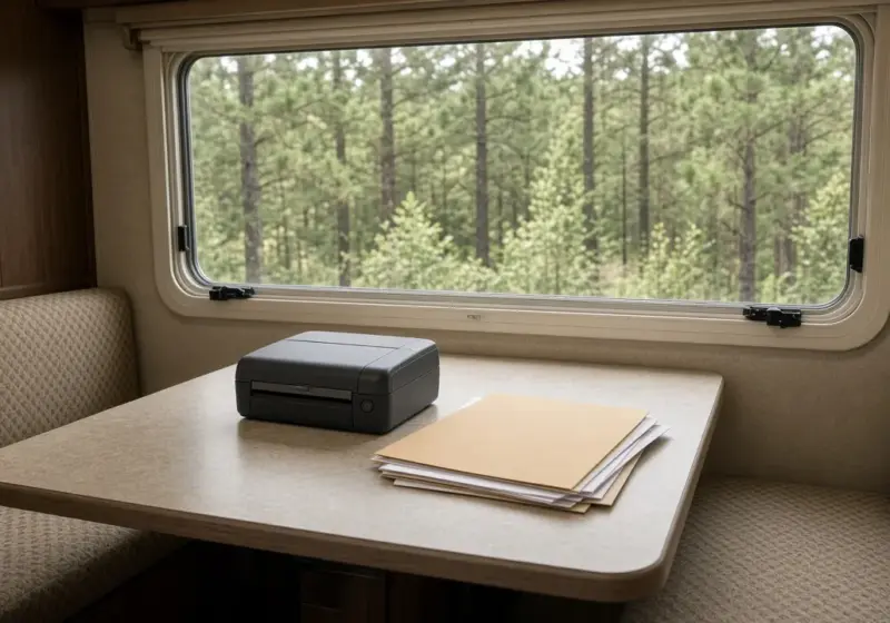 A portable printer and a folder of papers on an RV dinette table