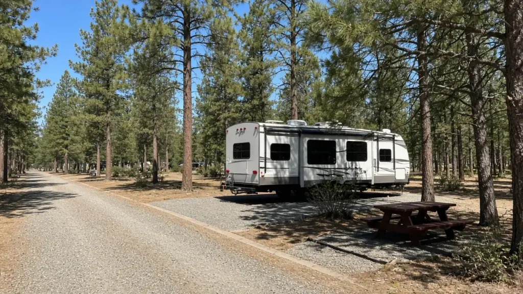 A pull-through RV site beside a back-in RV site in a park