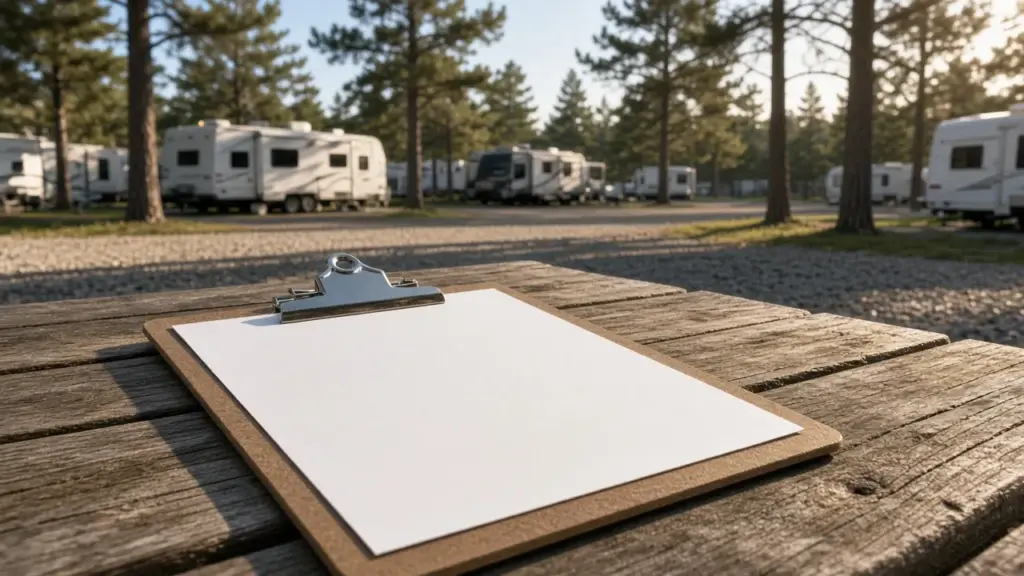 A clipboard with a blank checklist resting on a picnic table near RV sites