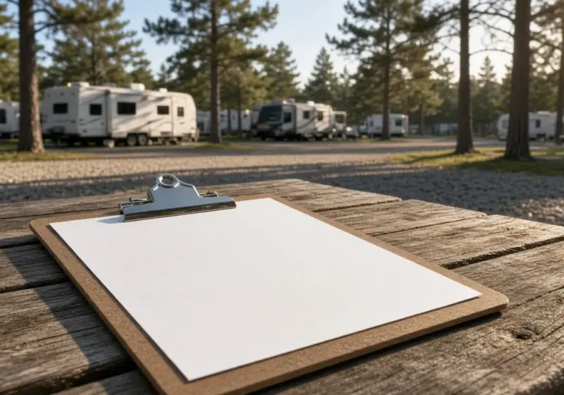 A clipboard with a blank checklist resting on a picnic table near RV sites