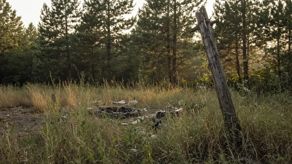 An overgrown neglected RV site with debris and a broken utility post