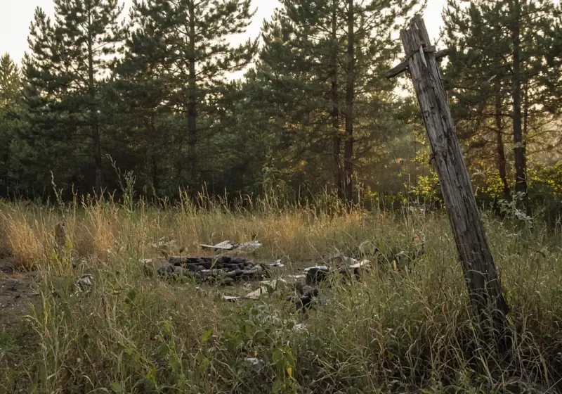 An overgrown neglected RV site with debris and a broken utility post