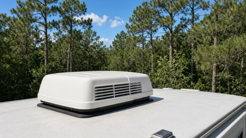 An RV rooftop air conditioner unit under bright summer sun