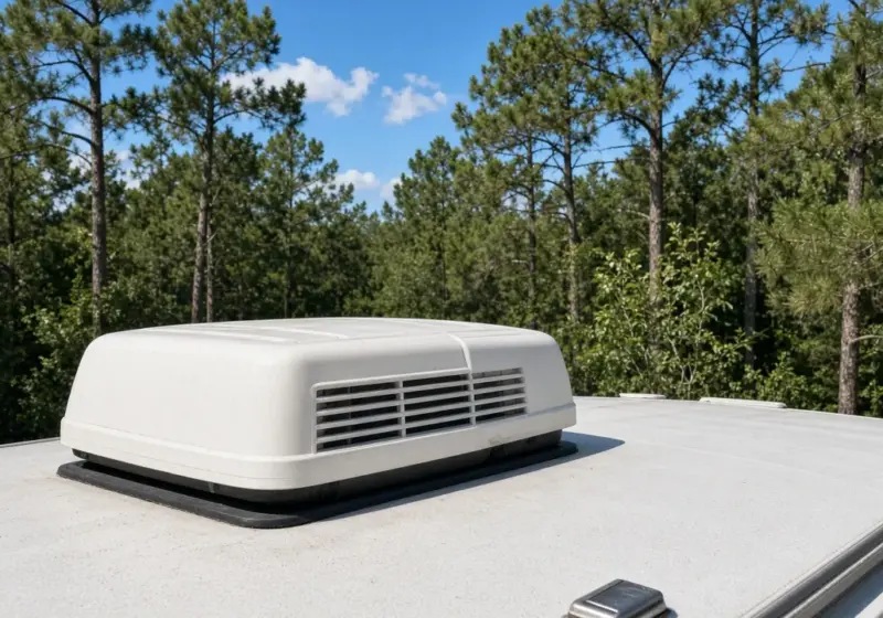 An RV rooftop air conditioner unit under bright summer sun