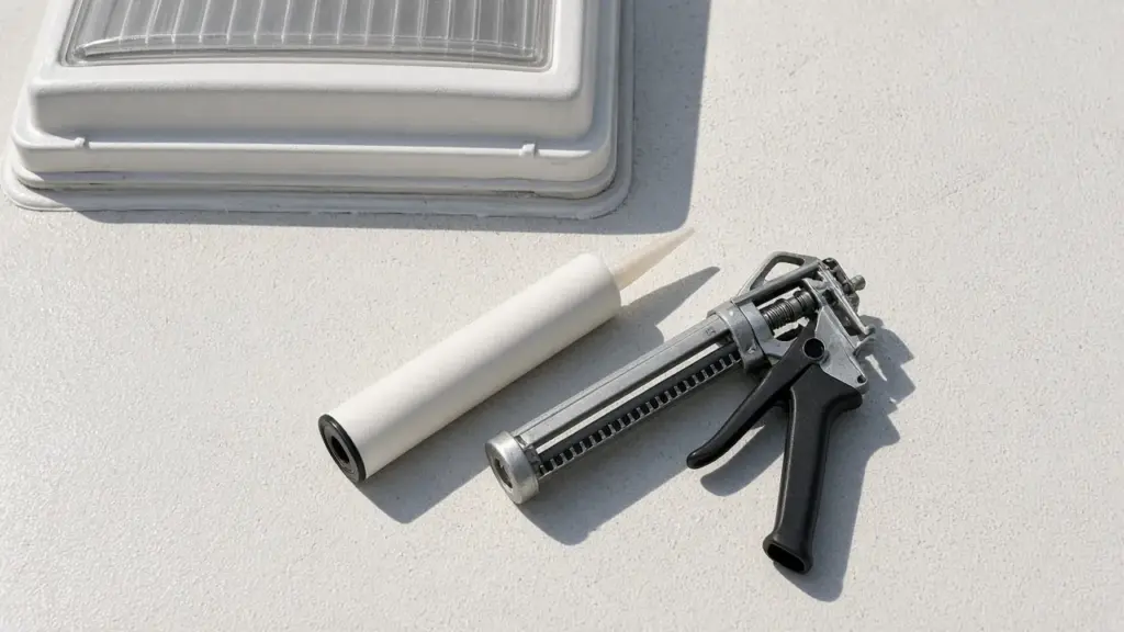 A caulk gun and self-leveling sealant tube on an RV roof