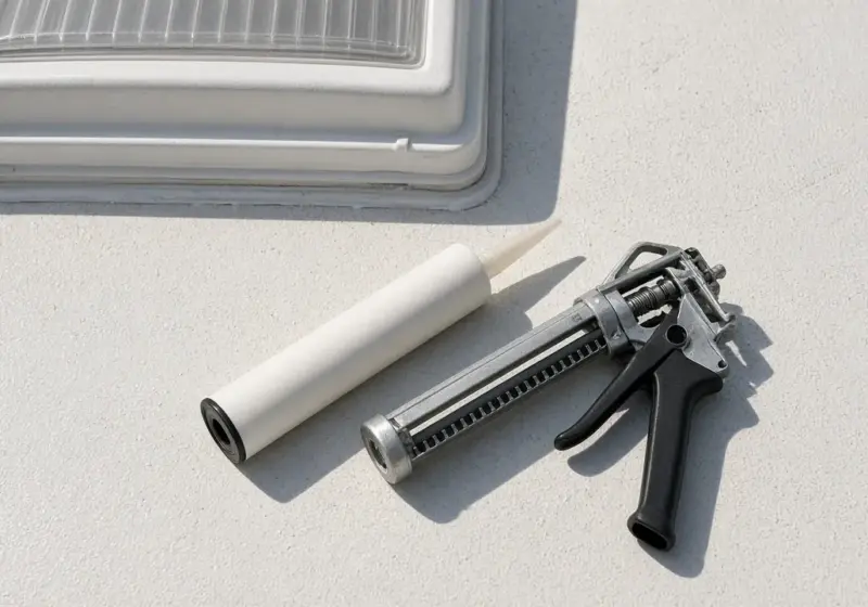 A caulk gun and self-leveling sealant tube on an RV roof