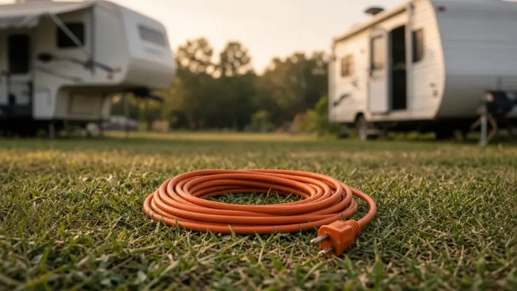 An orange extension cord coiled on the ground between two RV sites