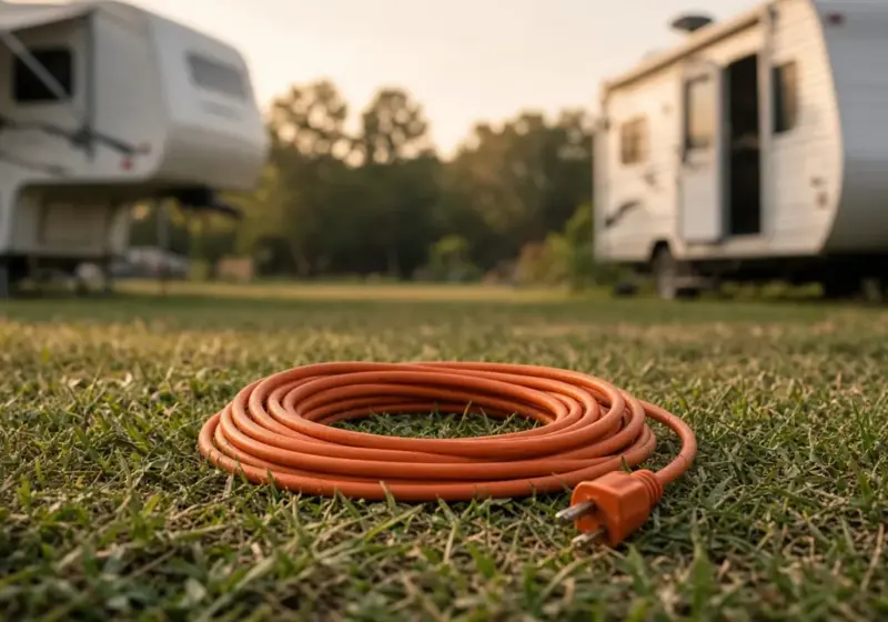 An orange extension cord coiled on the ground between two RV sites