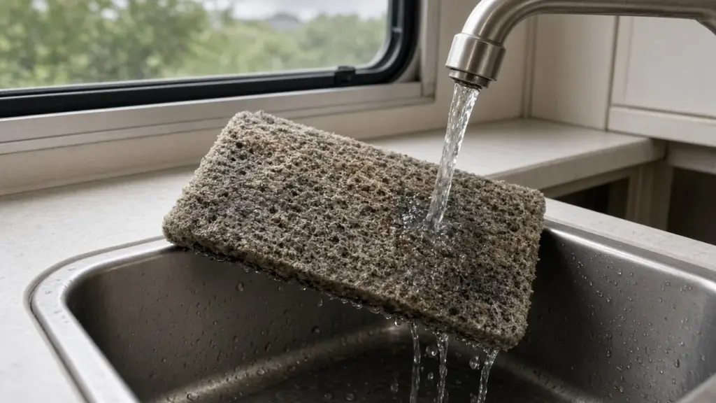 An RV air conditioner filter being cleaned in a sink