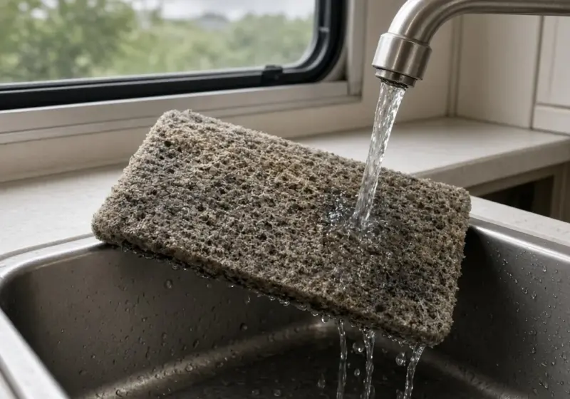 An RV air conditioner filter being cleaned in a sink