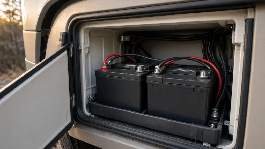 An RV house battery compartment with clean terminals