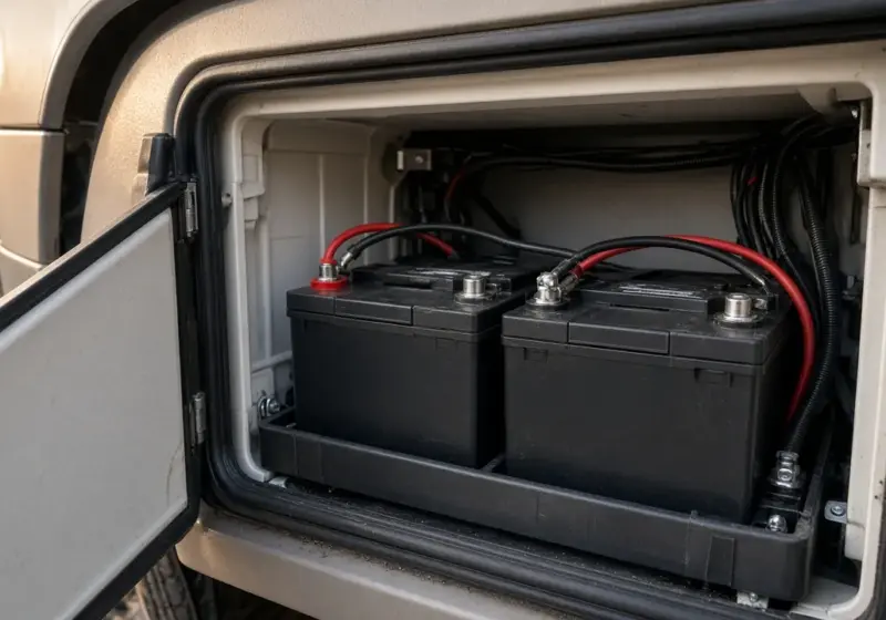 An RV house battery compartment with clean terminals