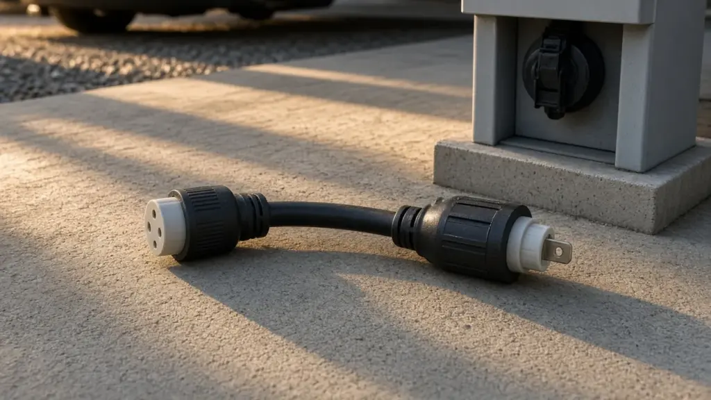 An RV electrical adapter dogbone lying on a concrete pad