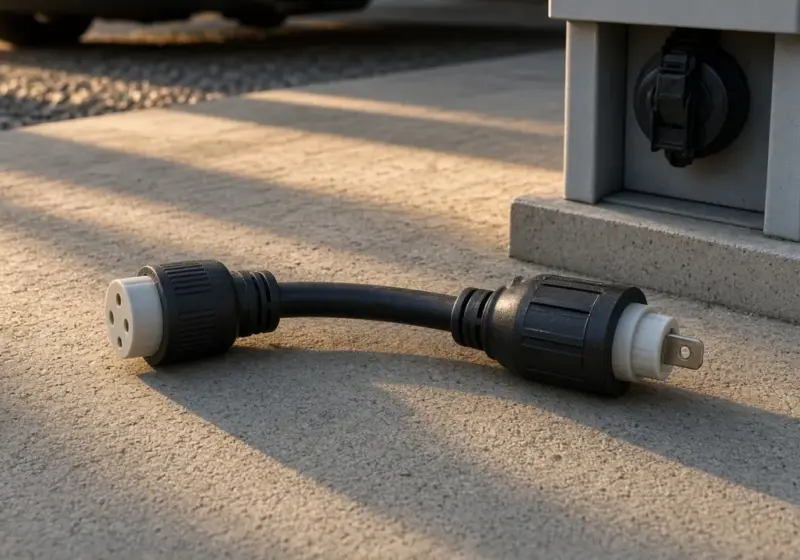 An RV electrical adapter dogbone lying on a concrete pad