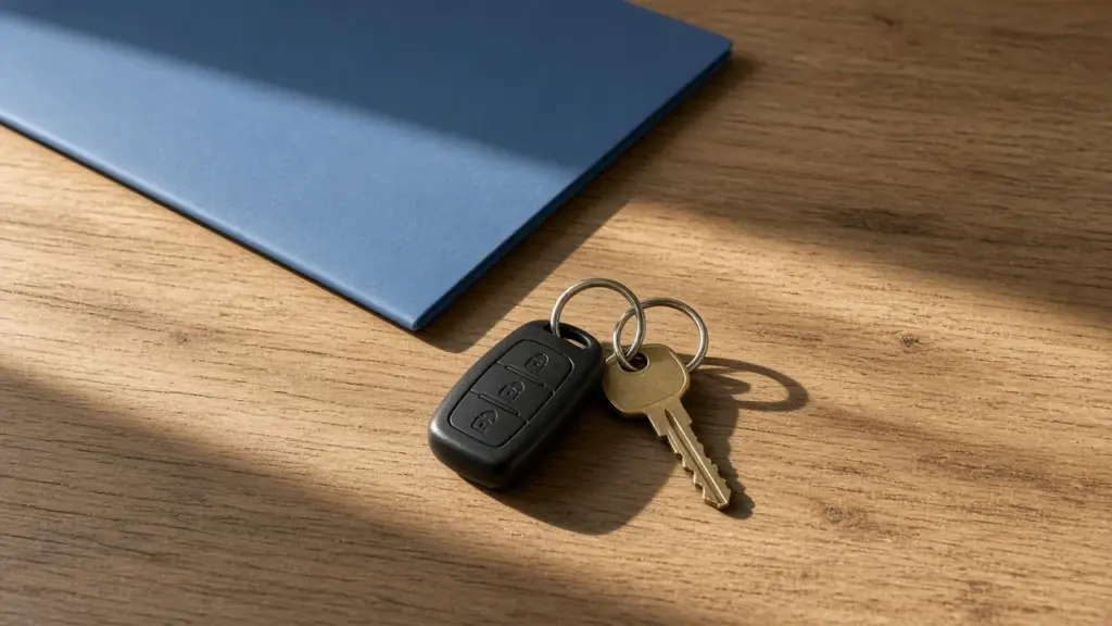 An insurance folder, car keys, and RV keys on a table