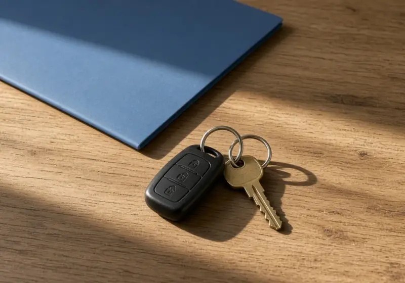 An insurance folder, car keys, and RV keys on a table