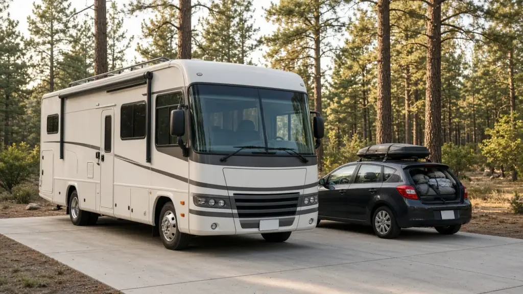 A motorhome parked on a concrete pad with a packed car beside it in soft evening light
