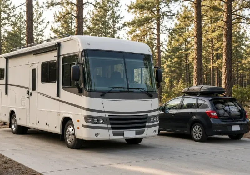 A motorhome parked on a concrete pad with a packed car beside it in soft evening light