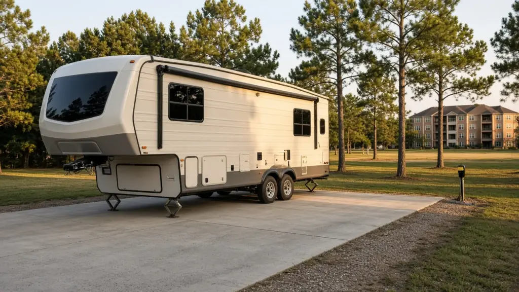 An RV site next to an apartment building in the distance