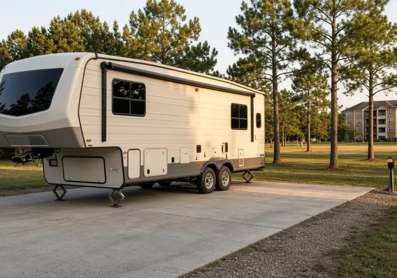 An RV site next to an apartment building in the distance
