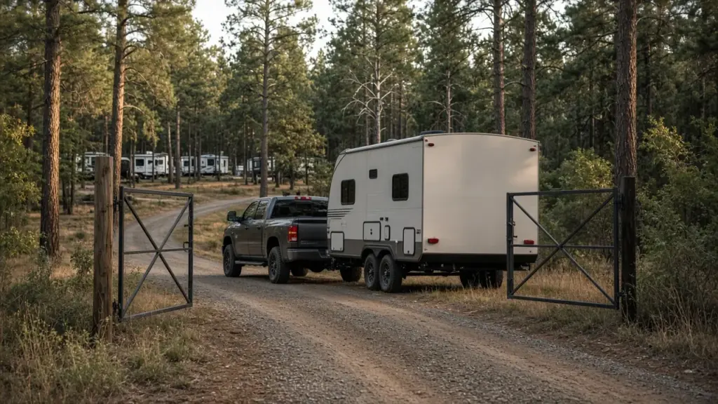 An RV arriving at a small park gate in late afternoon light