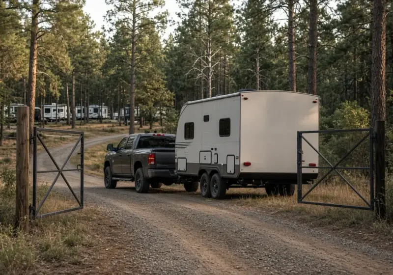 An RV arriving at a small park gate in late afternoon light