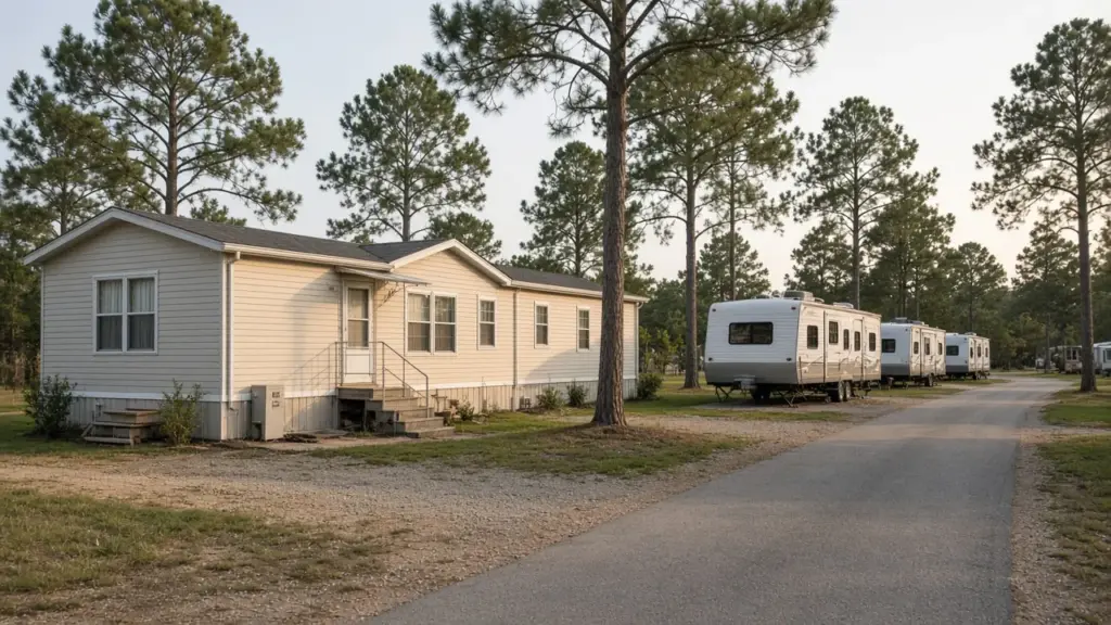 A manufactured home beside an RV park lane for comparison