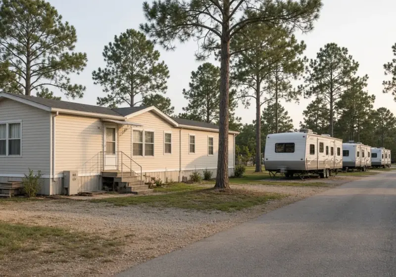 A manufactured home beside an RV park lane for comparison