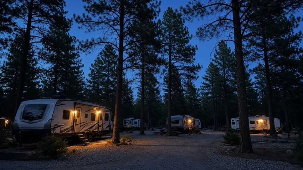 A quiet RV park at night with warm porch lights