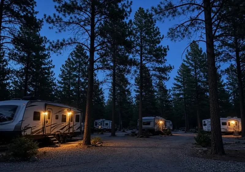A quiet RV park at night with warm porch lights
