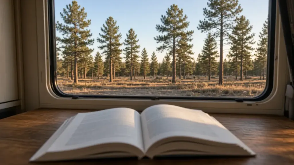 A printed rulebook open on a table beside an RV window