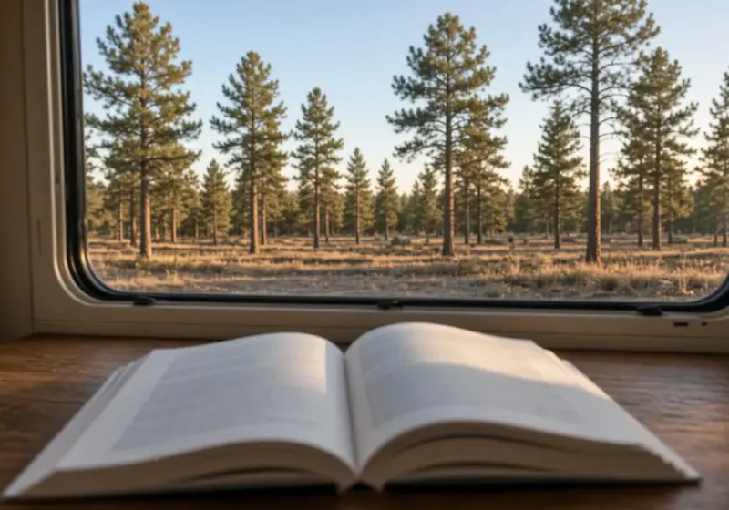 A printed rulebook open on a table beside an RV window
