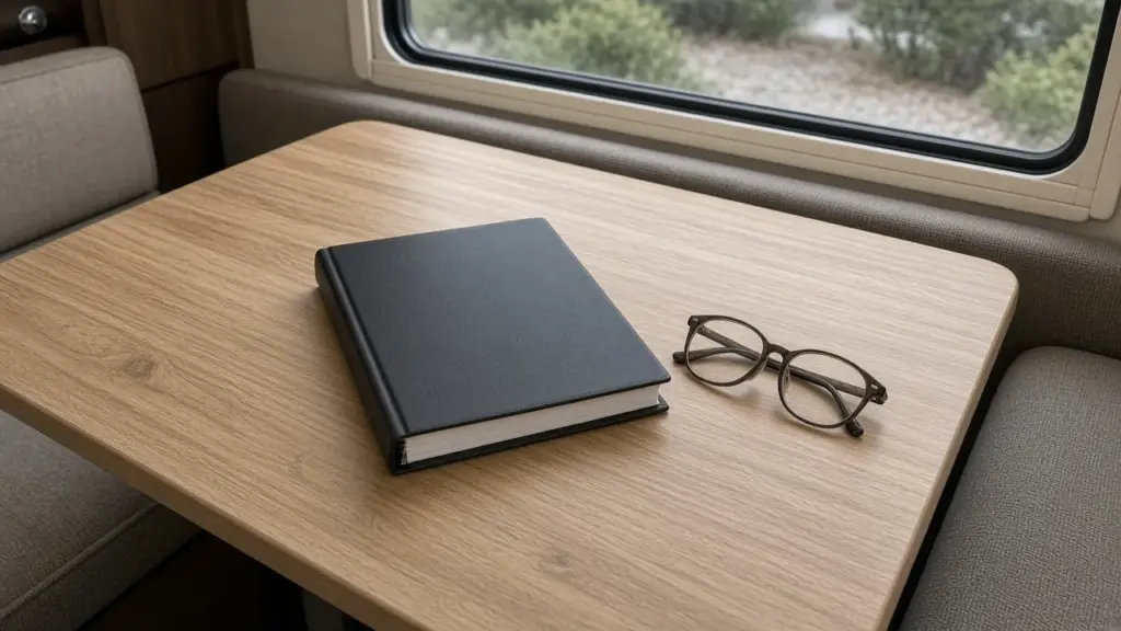 A printed rulebook binder closed on an RV dinette table beside reading glasses