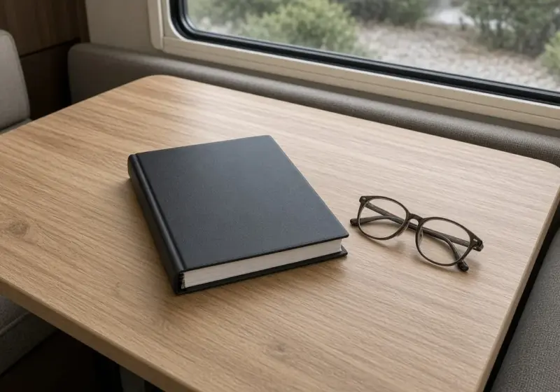 A printed rulebook binder closed on an RV dinette table beside reading glasses