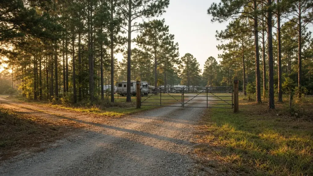 A small RV park entrance at dusk with a closed gate and no traffic
