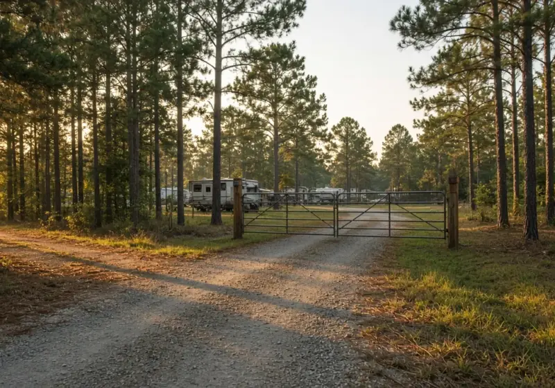 A small RV park entrance at dusk with a closed gate and no traffic