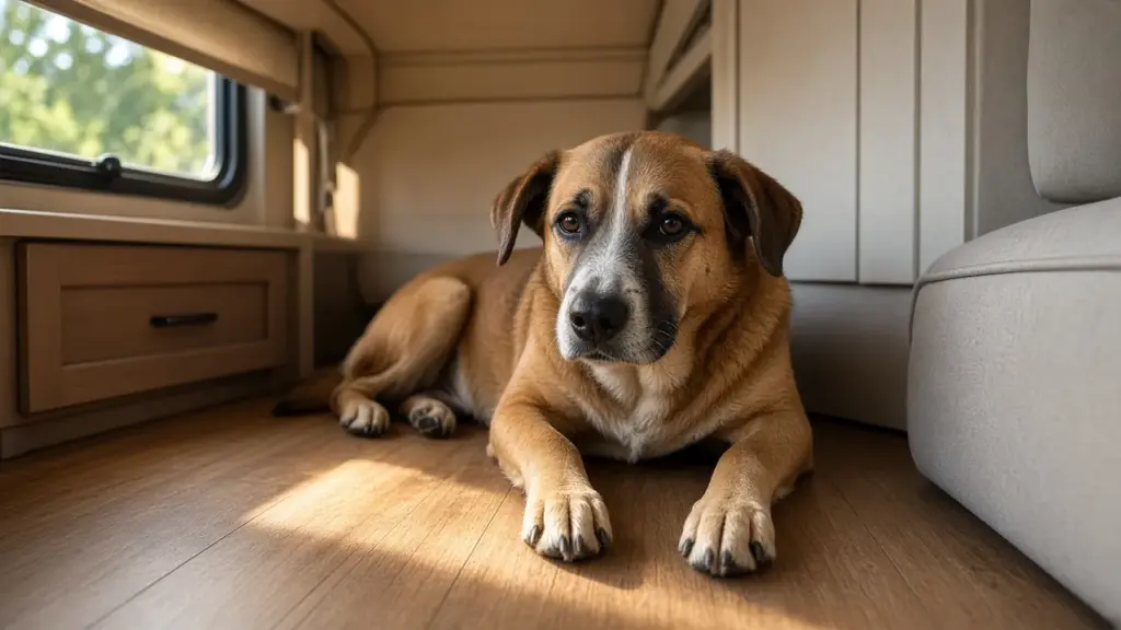 A calm medium-size dog lying on an RV floor
