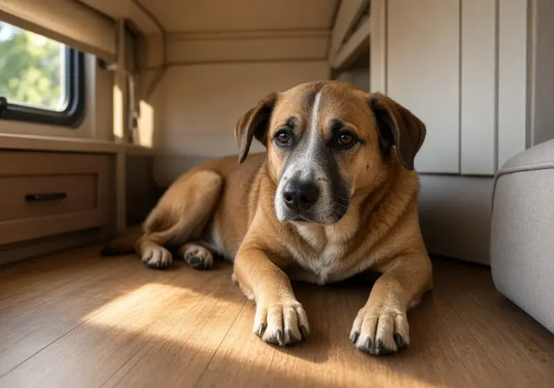 A calm medium-size dog lying on an RV floor