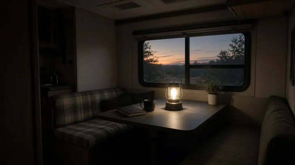 An RV interior lit by a battery lantern during a power outage
