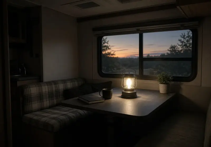 An RV interior lit by a battery lantern during a power outage